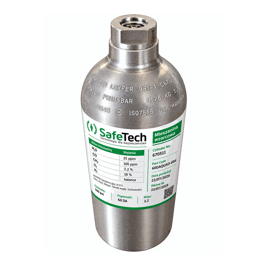 Butla z mieszaniną wzorcową SafeTech 60DAQUAD-004 — skład: 25 ppm H2S, 100 ppm CO, 2,2% CH4, 18% O2, azot