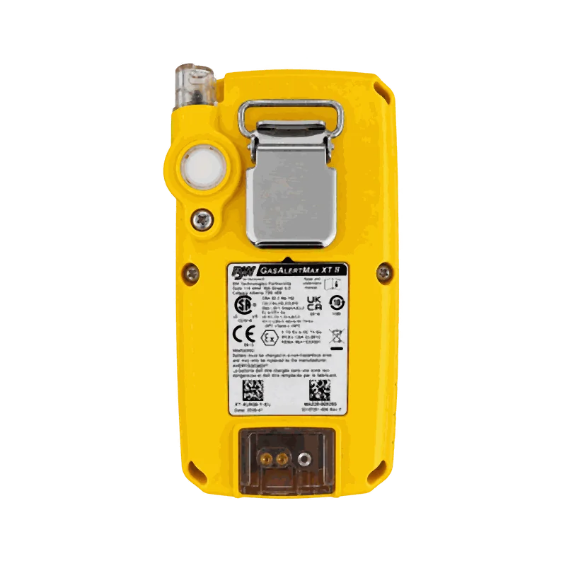 Honeywell GasAlertMax XT II — detektor 4-gazowy z pompką — tył z klipsem i tabliczką znamionową Ex