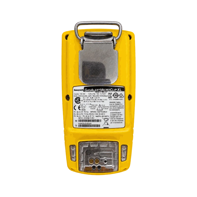 Honeywell GasAlertMicroClip XL — detektor 4-gazowy — tył z klipsem i tabliczką znamionową Ex
