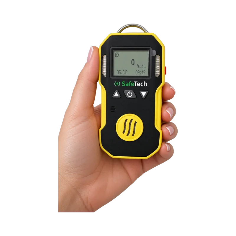 SafeTech Core BH-90A in hand — display showing flammable gas reading