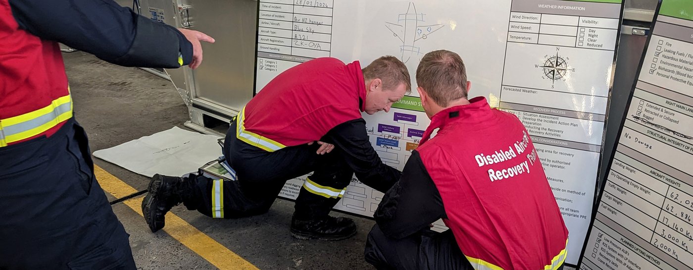 Ratownicy planują operację odzyskiwania samolotu przy tablicy z arkuszem oceny sytuacji i danymi masowymi